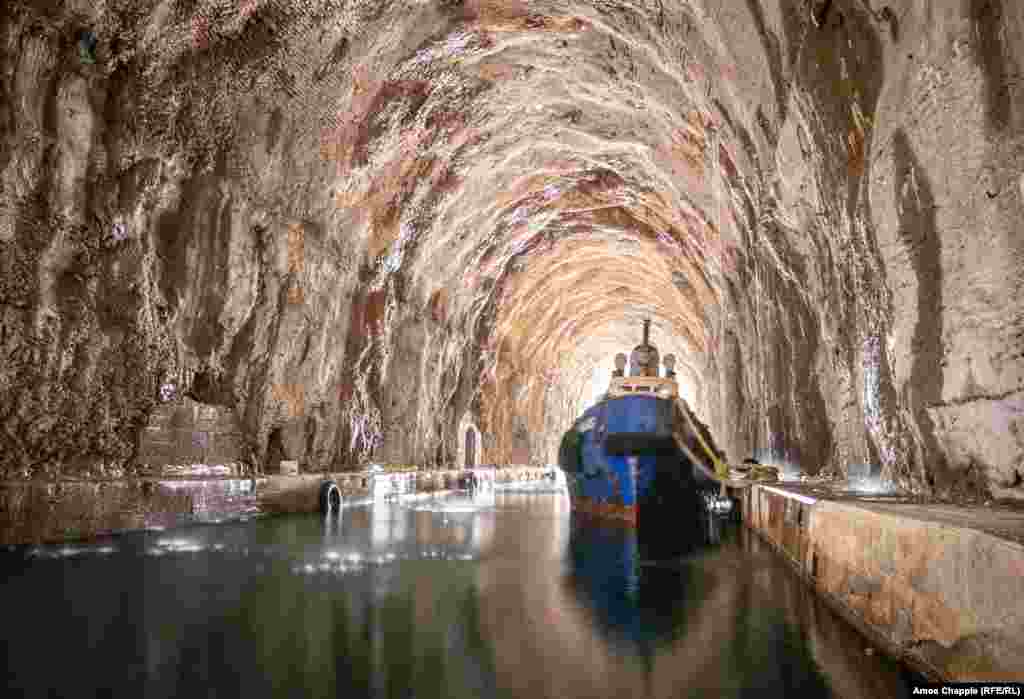 The Polaris, a retired tugboat that was built in Yugoslavia in 1953, is currently being stored inside one of the secret moorings.