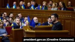 Ukrainian President Volodymyr Zelenskiy presents his annual message to the Verkhovna Rada in Kyiv on December 28. 