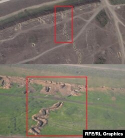 Сравнение окопов, над которыми пролетал Сергей Шойгу, на спутниковых снимках Planet.com от 1 октября и на видео Минобороны