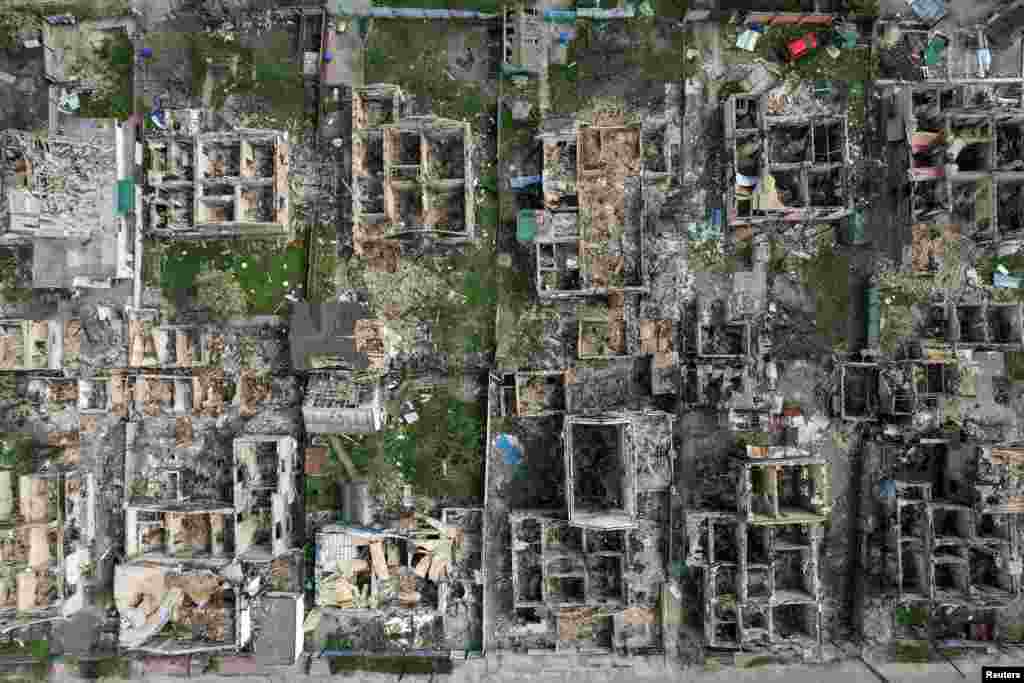 An aerial photo of Irpin taken on April 29 shows the devastation wrought on civilian areas by Russian forces.