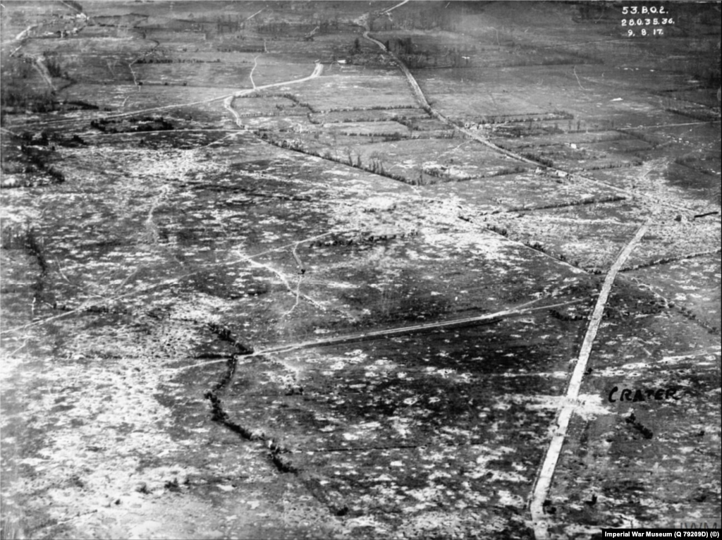 An artillery-pocked landscape near Quatre Rois, Belgium, in 1917.