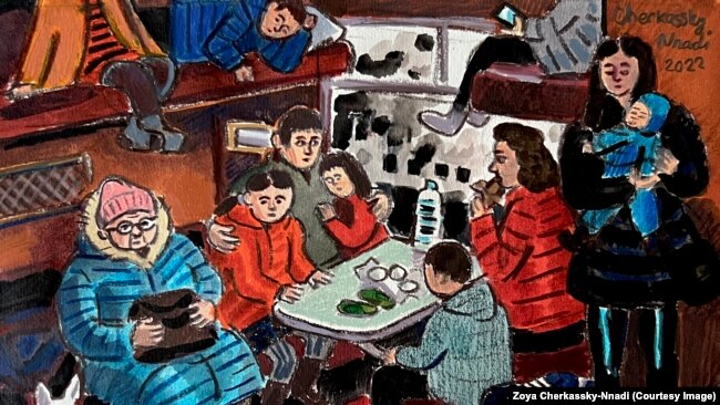 Картина от 2022 г. Тя изобразява препълнено влаково купе с хора, които бягат от Украйна с децата и домашните си любимци