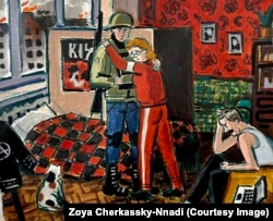 This 2022 painting of a Ukrainian mother saying goodbye to her military-volunteer son amid the Russian invasion echoes an earlier painting of Cherkassky-Nnadi's memories from 1980s Kyiv.