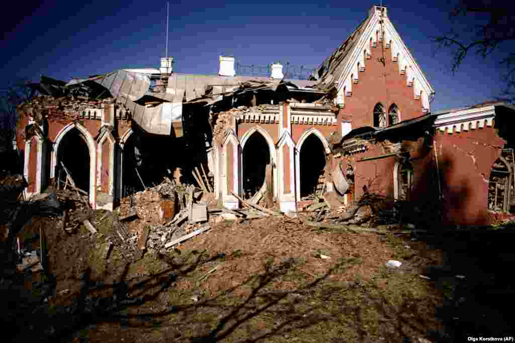 The shattered remains of a public library damaged by Russian forces during their shelling of Chernihiv.