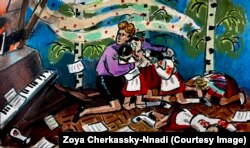 Un tablou din timpul invaziei rusești înfățișează consecințele unui bombardament asupra unei școli din Ucraina.