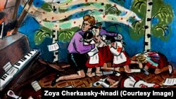 Картина от 2022 г., която изобразява последствията от атака срещу училище в Украйна.