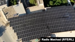 An aerial view of Chinese-made solar panels installed to power a factory in Mardan, Pakistan.