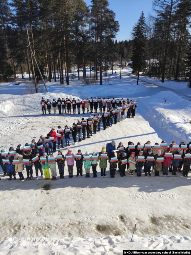 In March, students in the Karelian town of Elinsenvaara stood in the snow in the form of the Z symbol to mark the eighth anniversary of Russia’s annexation of Crimea.