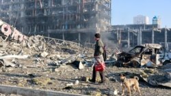 Un bărbat ieșit cu câinele la plimbare privește dezastrul provocat de atacul Rusiei asupra unui mall din Kiev, în urma căruia cel puțin opt oameni au fost uciși, 21 martie 2022.