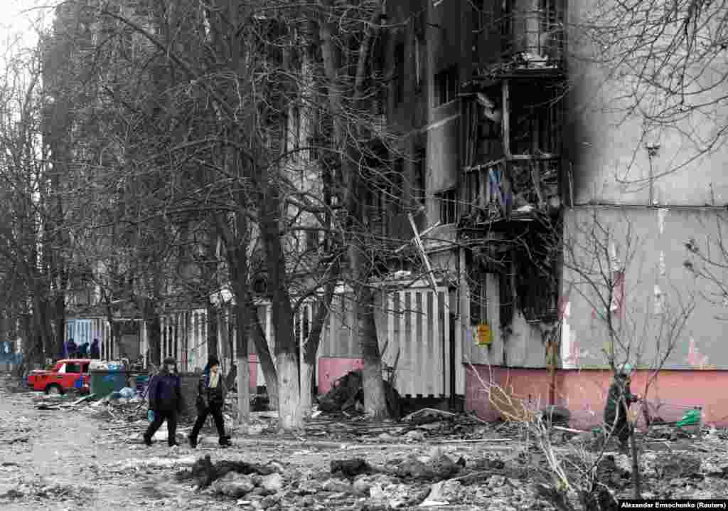 Damaged residential buildings.