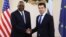 U.S. Defense Secretary Lloyd Austin (left) and Bulgarian Prime Minister Kiril Petkov meet in Sofia on March 19.