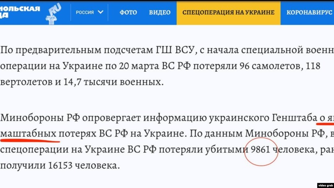 A screenshot of a Komsomolskaya Pravda report, which appeared on the newspaper’s website on March 20 and cited the Russian Defense Ministry as reporting that 9,861 Russian soldiers had died since the start of the war in Ukraine. 