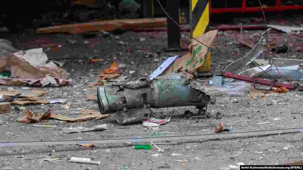 The damaged tail of a Smerch rocket in the Shevchenko district of Kyiv on March 23.&nbsp;