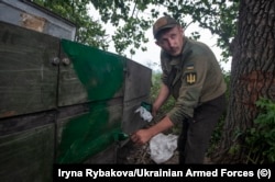 Украински войник покрива със зелена боя руския провоенен пропаганден символ "Z", изобразен върху пленена руска бронирана машина.