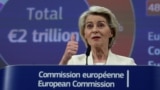 European Commission President Ursula von der Leyen speaks to reporters in Brussels on July 16 while unveiling a proposal for the EU's next seven-year budget. 