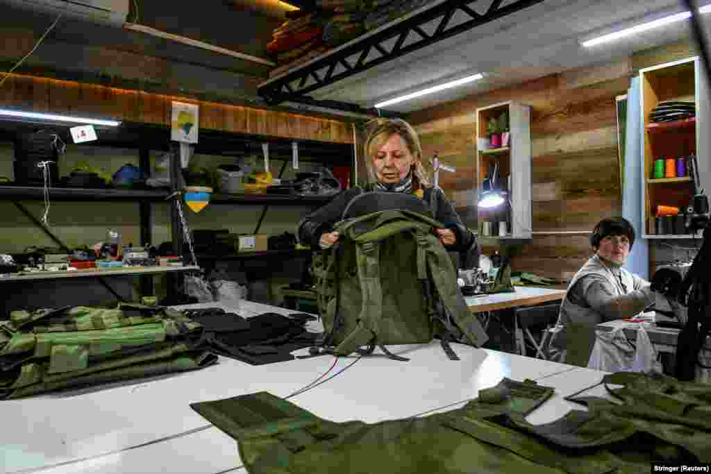 Volunteers make body armor and backpacks in Zaporizhzhya on March 21.&nbsp;