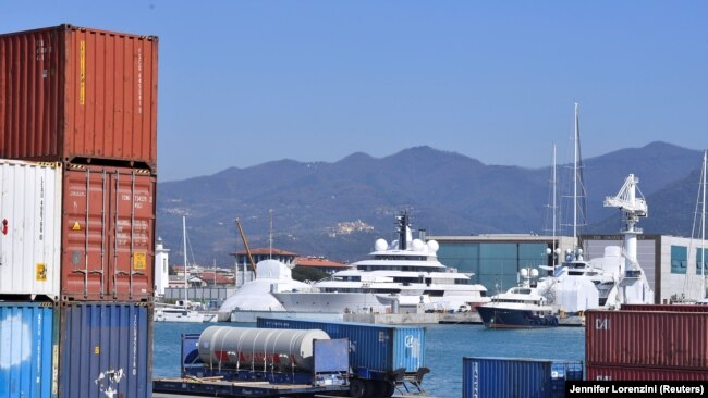  The 140-meter superyacht Scheherazade, shown in March at an Italian port, was ordered seized by Italian authorities on May 6.