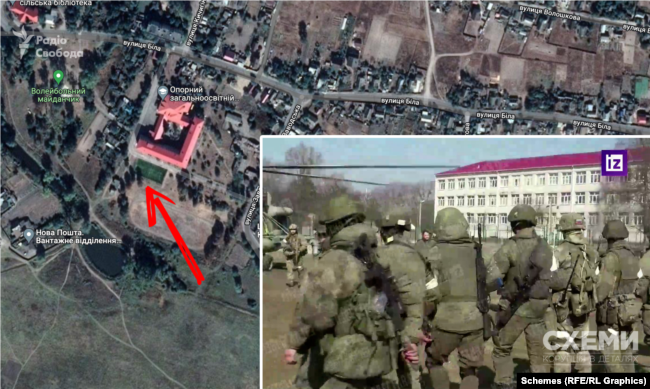 Якщо порівняти відео з картою, то можна побачити, з якої сторони школи розташували військові РФ