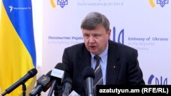 Ukrainian Chargé d’Affaires to Armenia Denis Autonomov during a news conference in Yerevan. March 24, 2022.