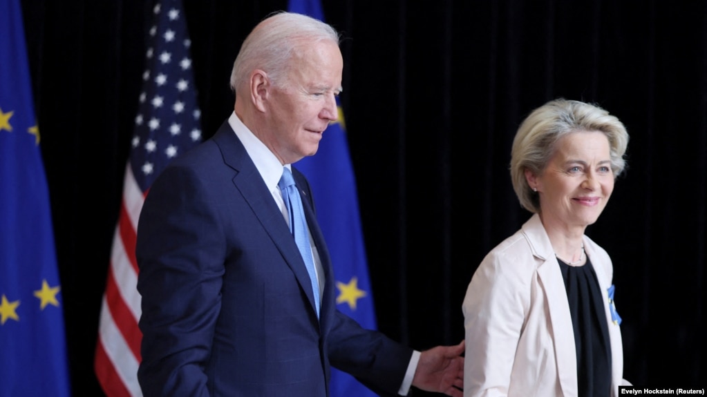 U.S. President Joe Biden (left) and European Commission President Ursula von der Leyen leave after delivering a joint press statement at the U.S. Mission in Brussels on March 25.