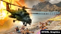 Военный вертолет на фоне пляжа в Крыму. Коллаж