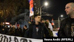 Lideri ekstremno desničarskih organizacija Mladen Obradović i Damnjan Knežević (D) na protestu podrške Rusiji, Beograd, 24. mart 2022.