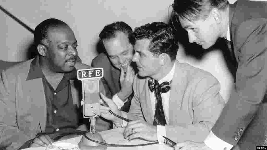 Jazz musician and bandleader William "Count" Basie (left) visits the RFE studios during his 1956 European tour. - Jazz musician and bandleader William "Count" Basie (left) visits the RFE studios during a break in his 1956 European tour. Jazz, which the Soviets dismissed as capitalistic, was an important component of the Radios' programming. throughout the years. At one time labeled "the music of putrescent capitalism" by the Soviets, jazz was suppressed to varying degrees in the USSR and its satellites. Despite official condemnation, jazz remained popular in the region, and RFE/RL took advantage of this, using music to build a base of devoted listeners. The Radios recorded performances by American jazz artists in New York and Munich for broadcast to their listeners; one of the Radios' biggest jazz coups was the recording and distribution of an album of Soviet jazz compositions smuggled out of the USSR by members of Benny Goodman's orchestra.