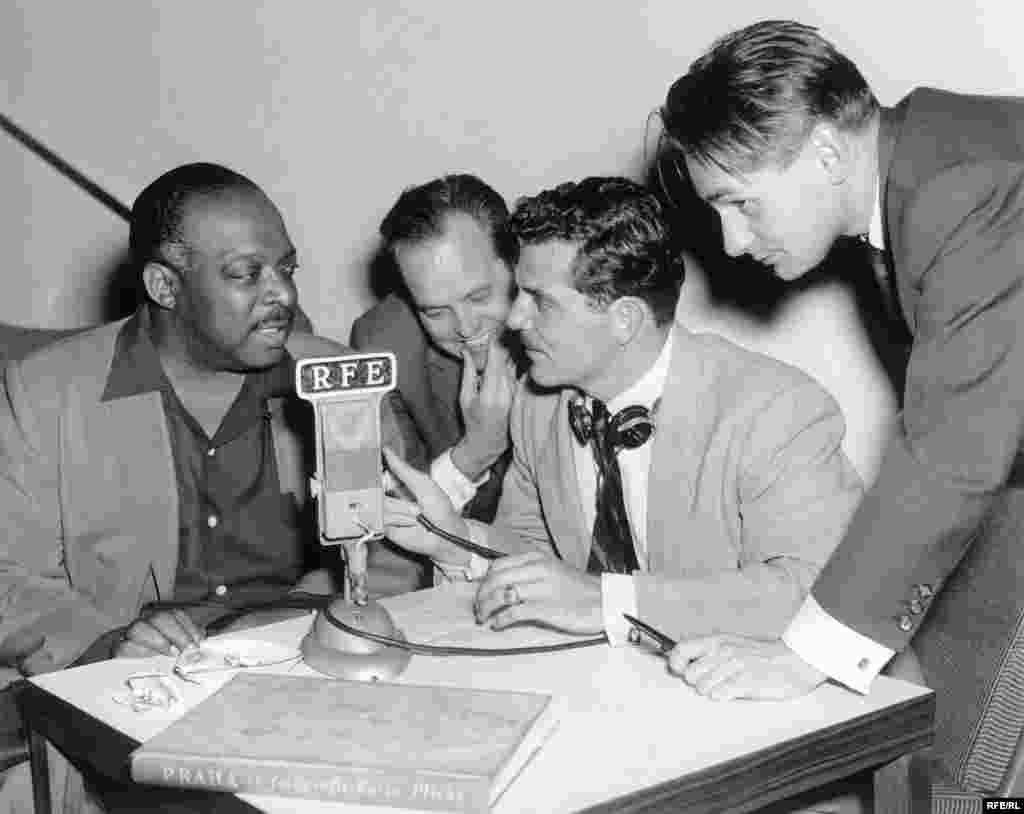 Jazz musician and bandleader William "Count" Basie (left) visits the RFE studios during his 1956 European tour. - Jazz musician and bandleader William "Count" Basie (left) visits the RFE studios during a break in his 1956 European tour. Jazz, which the Soviets dismissed as capitalistic, was an important component of the Radios' programming. throughout the years. At one time labeled "the music of putrescent capitalism" by the Soviets, jazz was suppressed to varying degrees in the USSR and its satellites. Despite official condemnation, jazz remained popular in the region, and RFE/RL took advantage of this, using music to build a base of devoted listeners. The Radios recorded performances by American jazz artists in New York and Munich for broadcast to their listeners; one of the Radios' biggest jazz coups was the recording and distribution of an album of Soviet jazz compositions smuggled out of the USSR by members of Benny Goodman's orchestra.