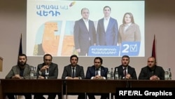 Armenia - Defense Minister Suren Papikian (third from right) and other senior members of the ruling Civil Contract party hold an election campaign meeting in Vedi, March 25, 2022.