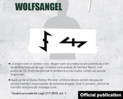 Simbolul Wolfsangel în „Ghidul de coduri, simboluri şi însemne ale extremei-dreapta”, Fundația Friedrich Ebert, București, 2017.