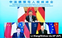 Franța și Germania au viziuni diferite în ceea ce privește relația economică cu China. În imagine, liderul chinez Xi Jinping (sus), Emmanuel Macron, președintele Franței (în stânga) și Olaf Scholz, cancelarul Germaniei.