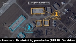 The first of three satellite images of the Melitipol airfield with Ukrainian-language notation, which were published in the Schemes report. This image shows what appear to be Su-25 planes (1) and helicopters (2) stationed at the site.