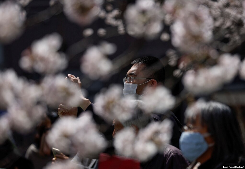 Njerëzit duke u fotografuar pranë pemëve të lulëzuara, në Tokio, Japoni, më 28 mars.