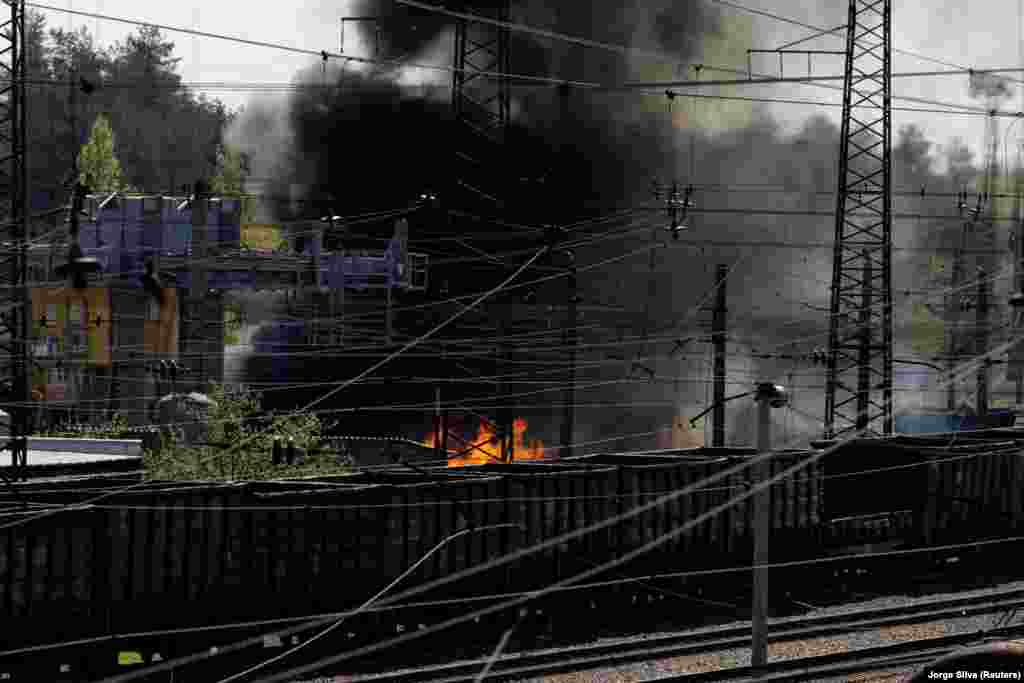 The aftermath of a military strike near a railway station in Lyman in the Donetsk region on April 28.&nbsp;