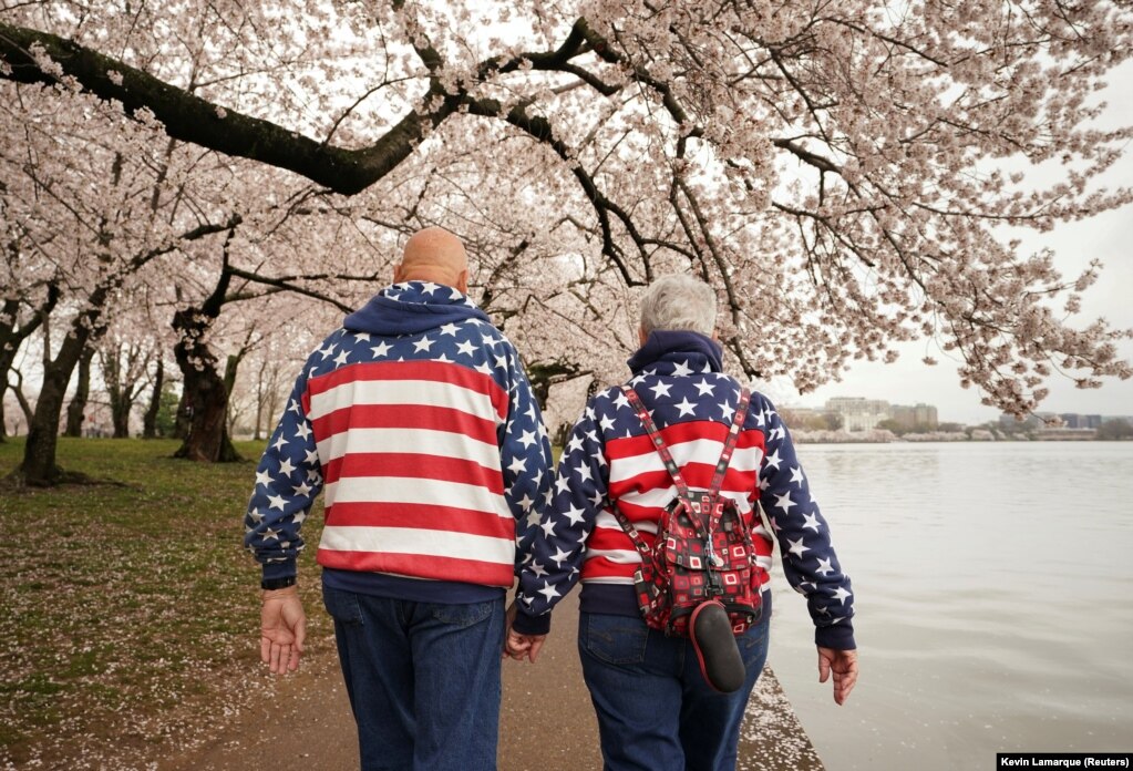Të veshur njëjtë, me xhaketa me flamurin amerikan, Tom dhe Nancy Leeds, nga Florida, duke ecur dorë për dore, teksa shikonin pemët e lulëzuara në Uashington, SHBA, më 24 mars.