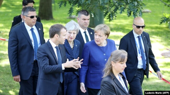 Predsjednik Francuske Fransoa Makron, premijerka Velike Britanije Tereza Mej i njemačka kancelarka Angela Merkel u Sofiji 17. maja