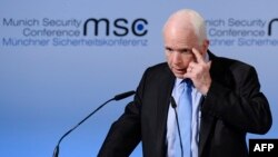 U.S. Senator John McCain speaks on the first day of the 53rd Munich Security Conference at the Bayerischer Hof hotel in Munich on February 17.