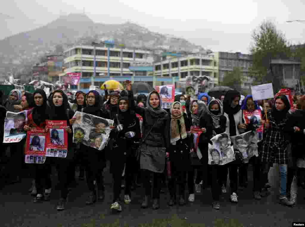 Women chant slogans during the November 11 protest in Kabul.