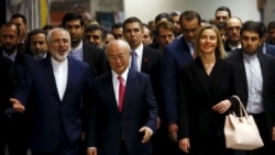 فدریکا موگرینی ،‌یوکیاآمانو و محمد جواد ظریف در وین، در روز به اجرا درآمدن توافق اتمی بین ایران و گروه ۵+۱ 