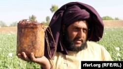 A farmer in Afghanistan's Kandahar Province shows off the raw opium he collected from his field in April.