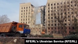 A gaping hole was ripped into the regional administration building in the southern port city of Mykolayiv on March 29, 2022.