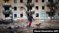 A man walks with his dog near an apartment building damaged by shelling on the outskirts of Mariupol. 