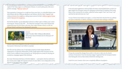 A feature story inserted as a see also link (left) and a video inserted as a direct embed (right).