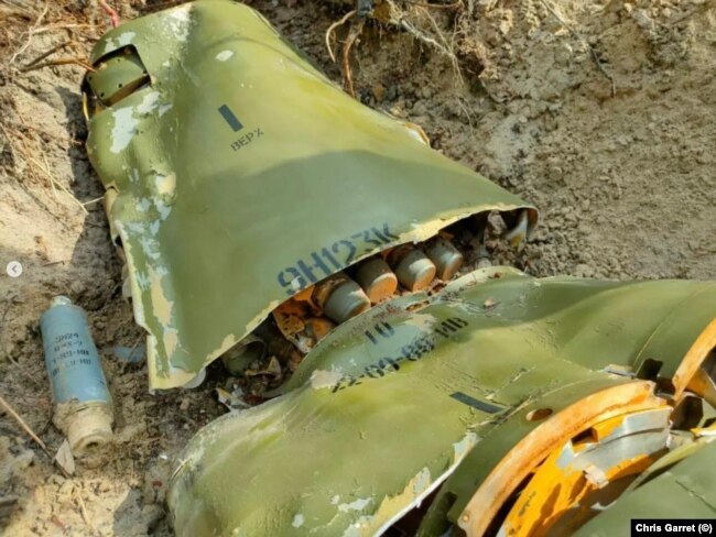 A rocket filled with bomblets at an unidentified location in Ukraine, as photographed by Chris Garrett in early April.