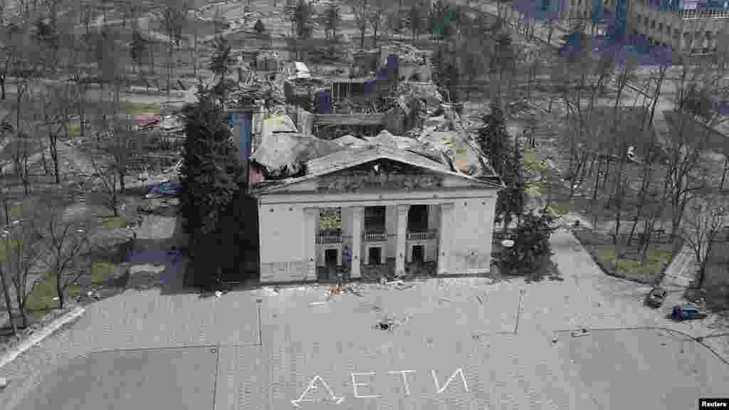 The Mariupol theater in April 2022, after a reported missile or shelling attack destroyed the historic building and killed many inside.&nbsp;