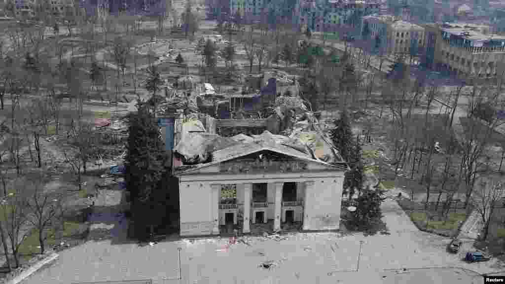 The Mariupol theater in April 2022, after a reported missile or shelling attack destroyed the historic building and killed many inside.&nbsp;