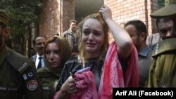 Czech model Tereza Hluskova weeps after the court decision to sentence her to eight years and eight months in prison for attempted heroin smuggling, in Lahore in March 2019.