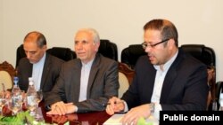 Armenia - Iranian Ambassador Abbas Badakhshan Zohouri (center) meets with senior officials in Syunik province, Kapan, April 29, 2022.