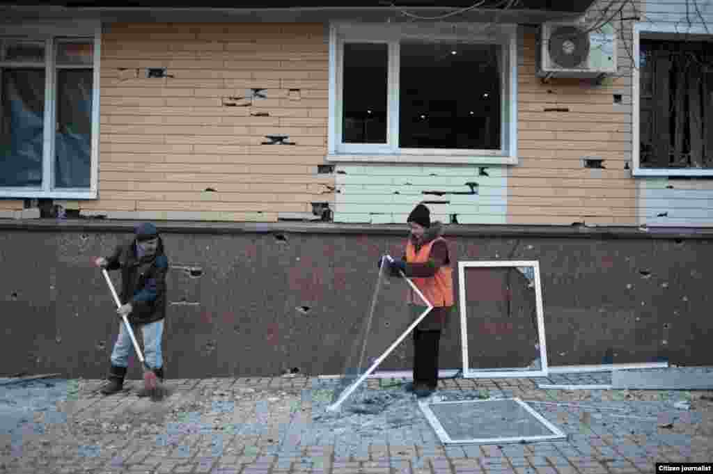 Donetsk, Ukrain. Several artillery shells hit the very city centre, which has never happened before. It is the last day befor ceasefire. An artillery shell explouded near children clinic.