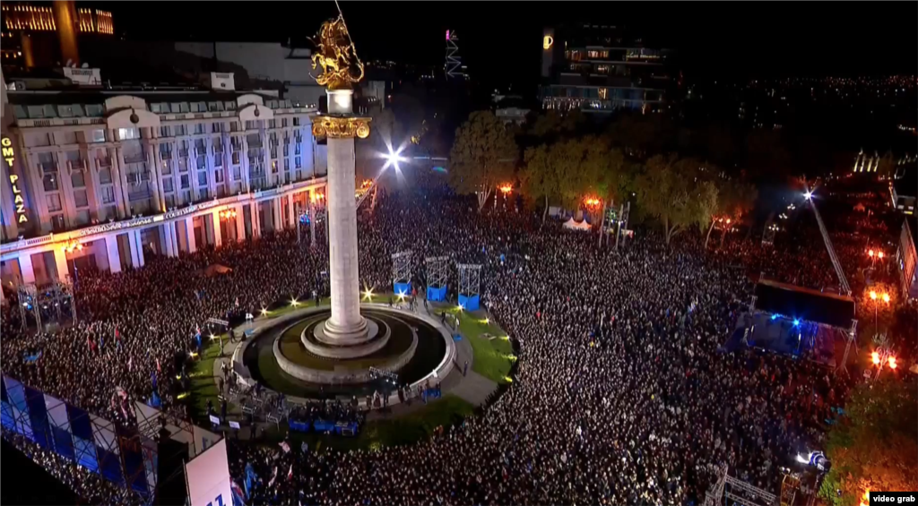 A general view over the crowd at Georgian Dream party closing rally in the capital on October 23. The ruling Georgian Dream party has been in power since 2012 and seeks another four-year term. GD has adopted controversial laws banning &quot;LGBT propaganda&quot; and restricting the activities of NGOs and media that receive foreign funding.